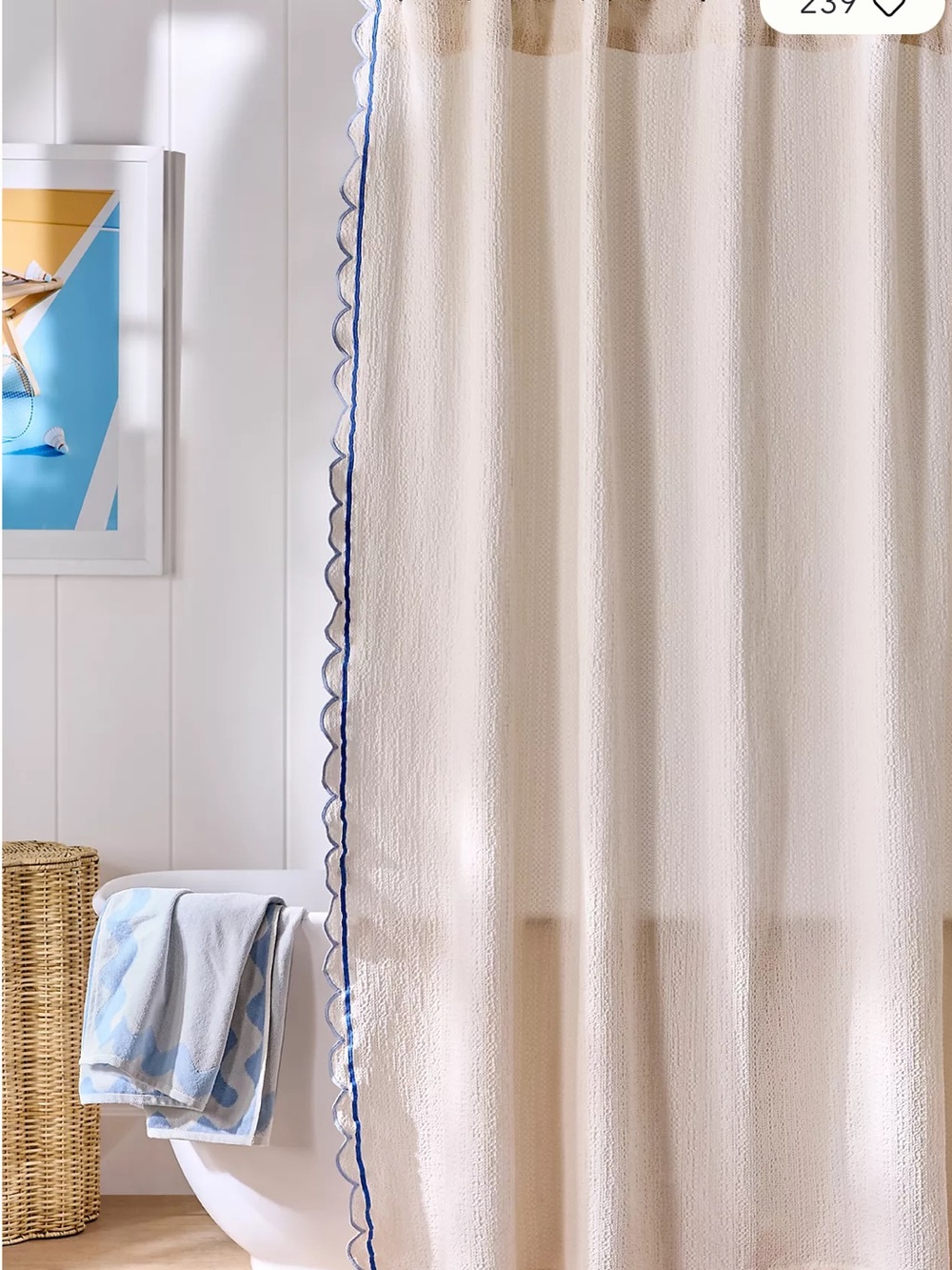 Maeve Cream Shower Curtain with Blue Scalloped Trim NWT Anthropologie